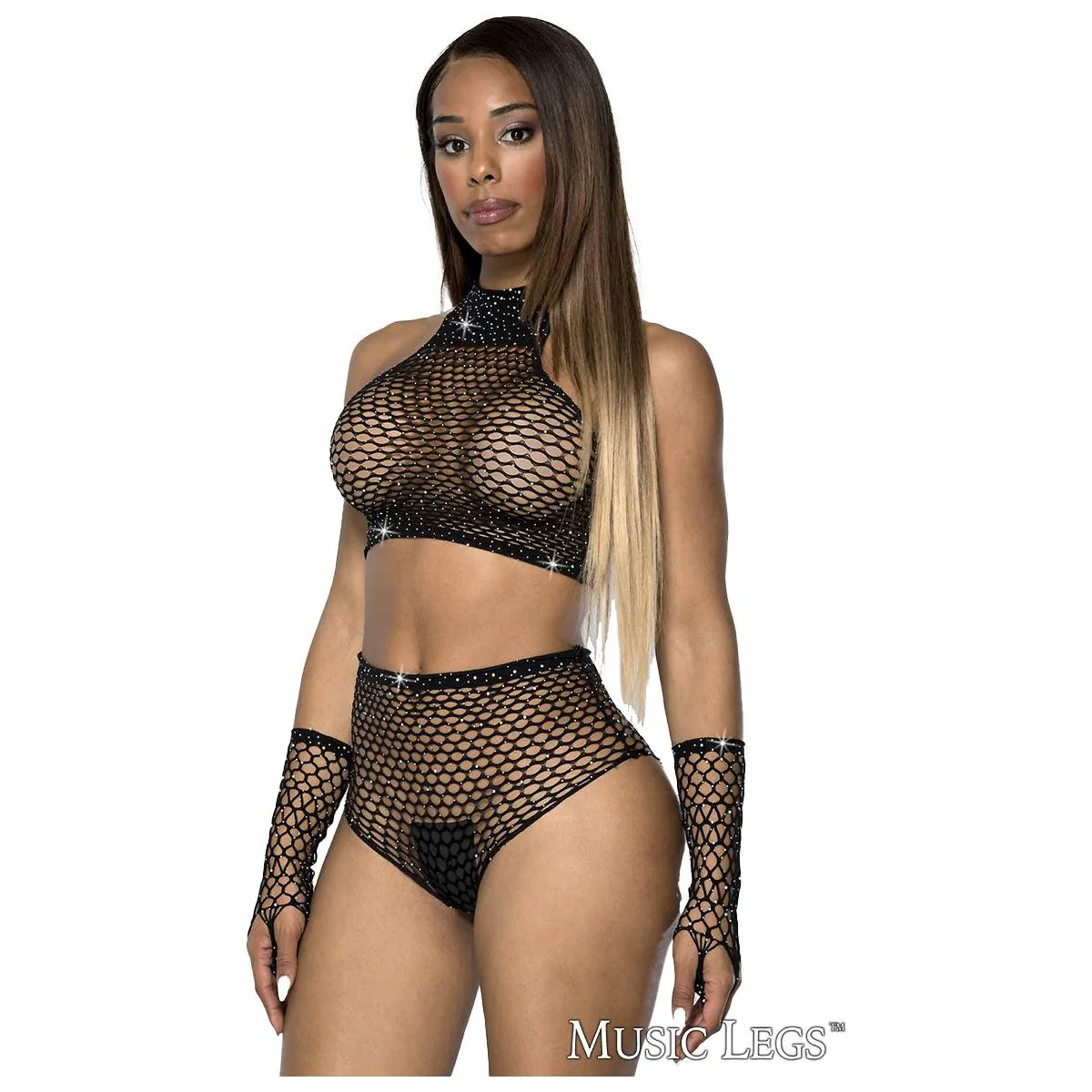 Rhinestone Net 3pc Top Bottoms & Gloves by Music Legs - Image 5